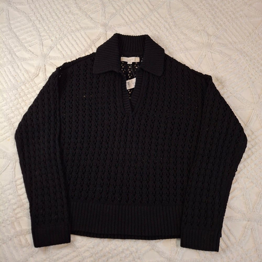 Loft Womens Medium Polo Sweater Black Pointelle Open Knit Cotton V-Neck NWT